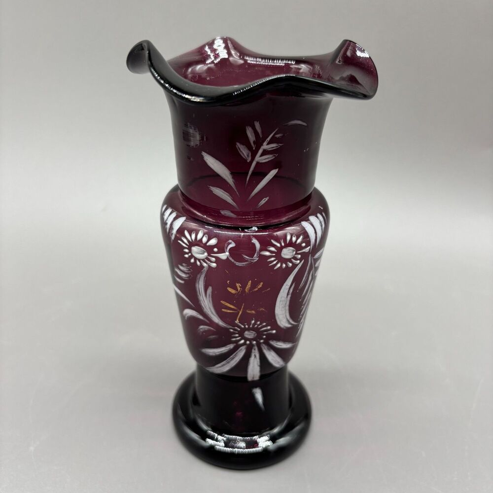 Vintage Amethyst Art Glass Vase Hand Blown Enameled Floral Ruffled Rim Pontil